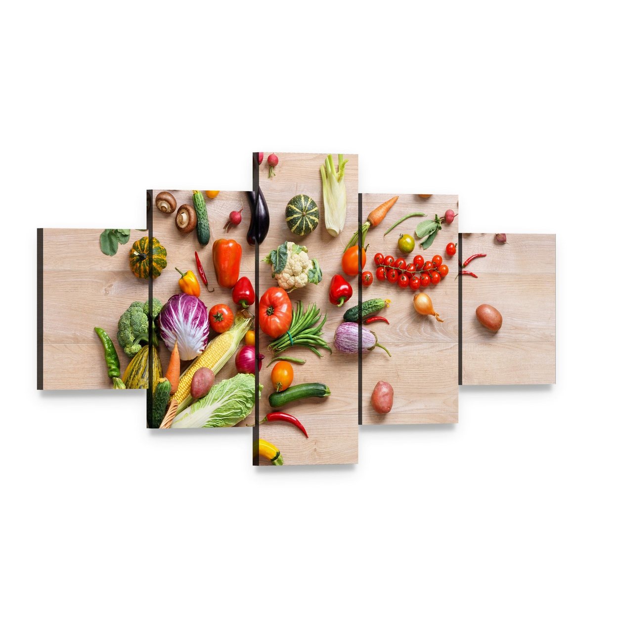 Vibrant Fruits and Vegetables Canvas Wall Art, 5 panel 5 Star layout gallery wrapped canvas set, angled product view