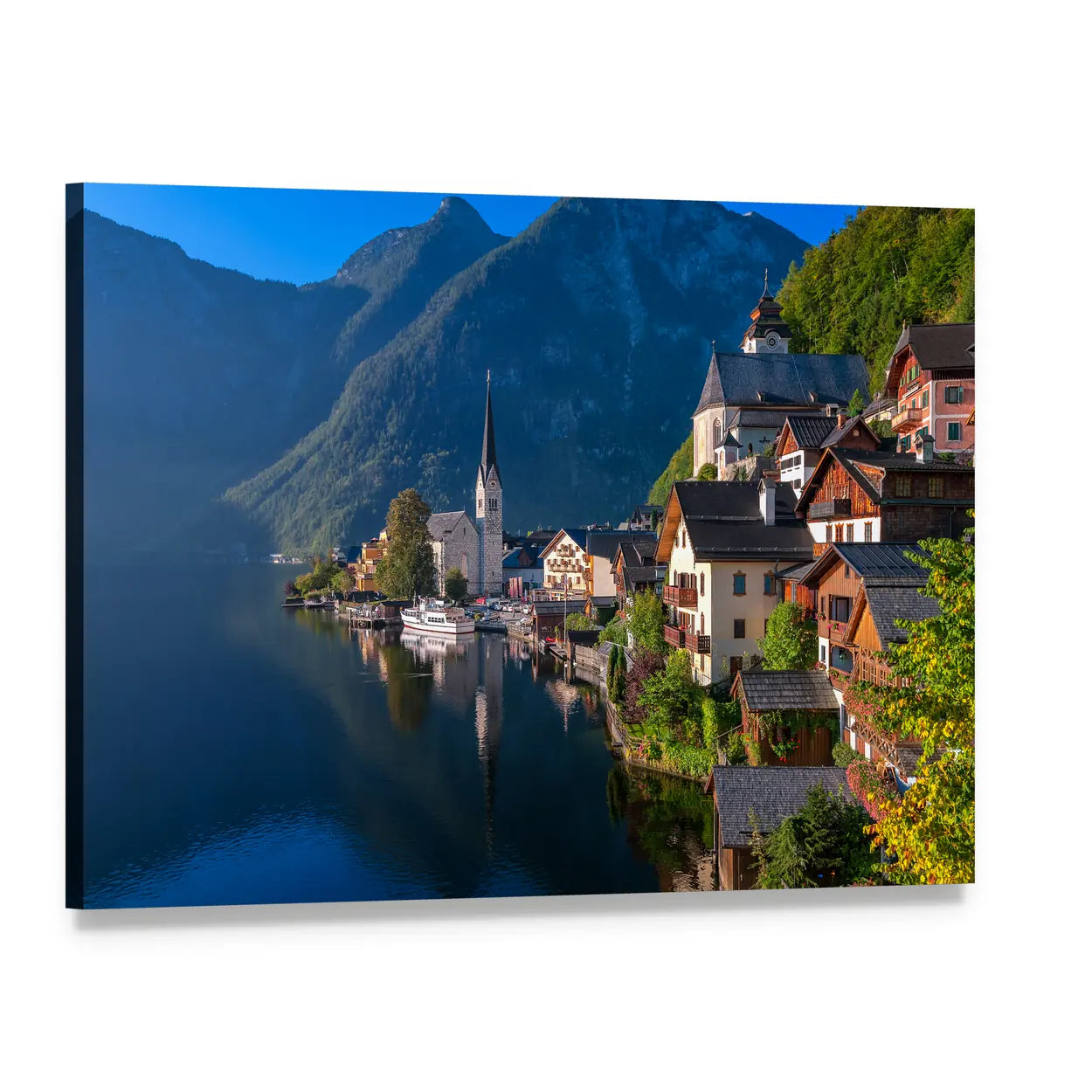 Hallstatt Village on Alpine Lake Canvas Wall Art, single panel gallery wrapped canvas, angled product view