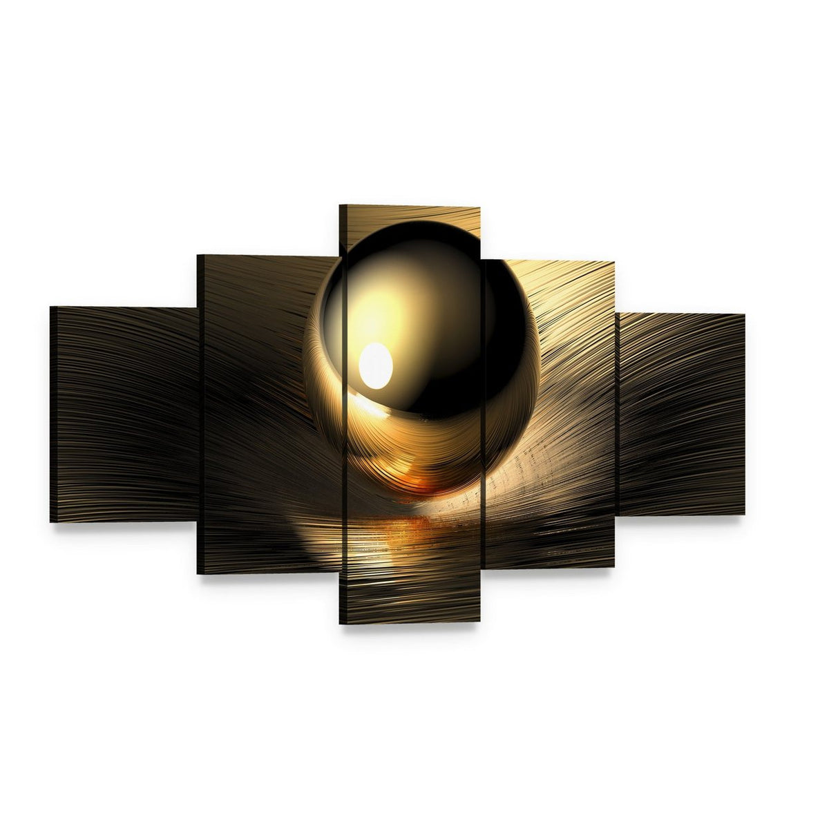 Reflective Gold Sphere Canvas Wall Art, 5 panel 5 Star layout gallery wrapped canvas set, angled product view
