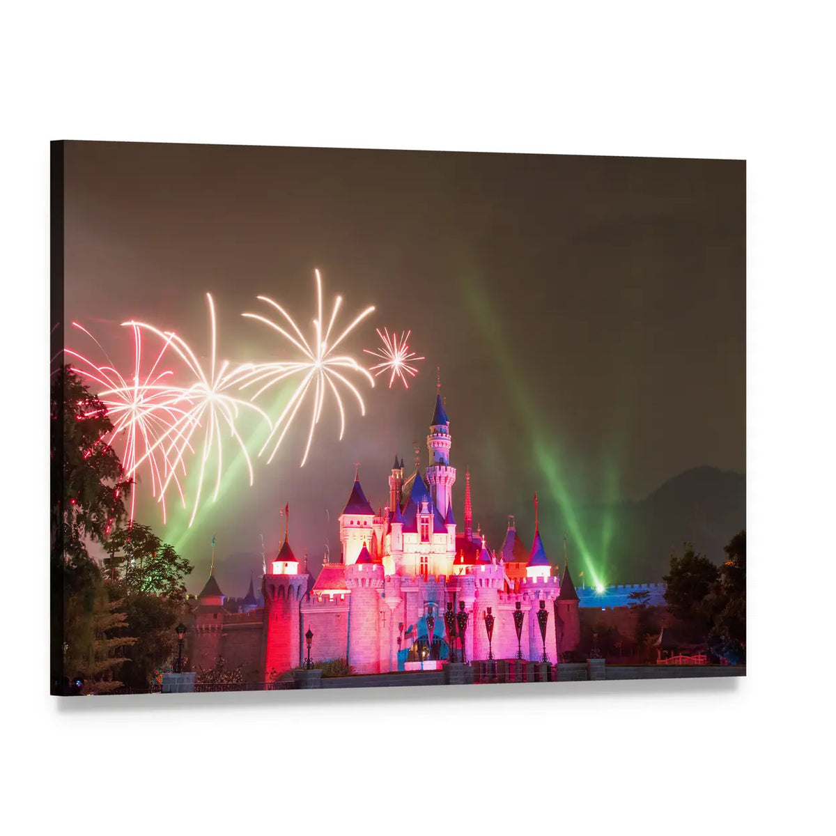 Fireworks Over Disneyland Castle Canvas Wall Art, single panel gallery wrapped canvas, angled product view
