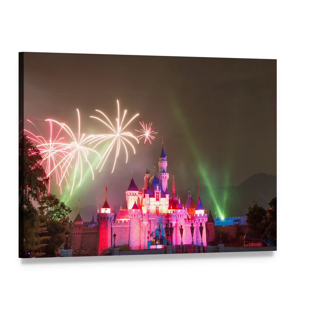 Fireworks Over Disneyland Castle Canvas Wall Art, single panel gallery wrapped canvas, angled product view