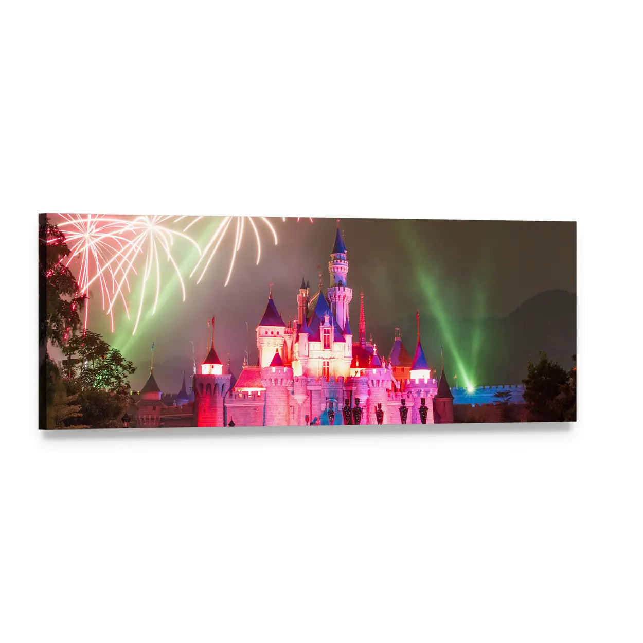 Disneyland Castle Fireworks at Night Panoramic Canvas Wall Art, single panel gallery wrapped canvas, angled product view