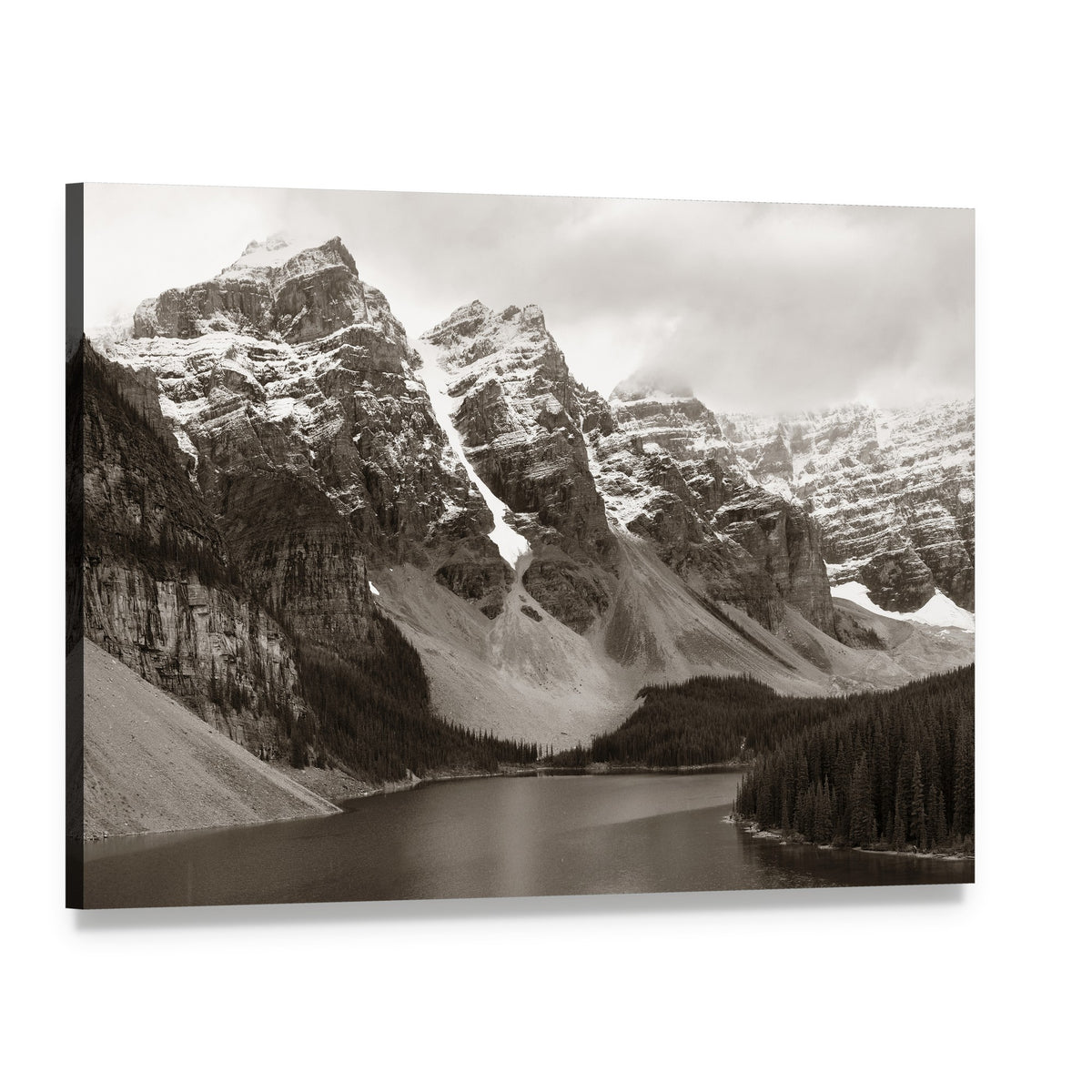 Moraine Lake Winter Landscape Canvas Wall Art, single panel gallery wrapped canvas, angled product view