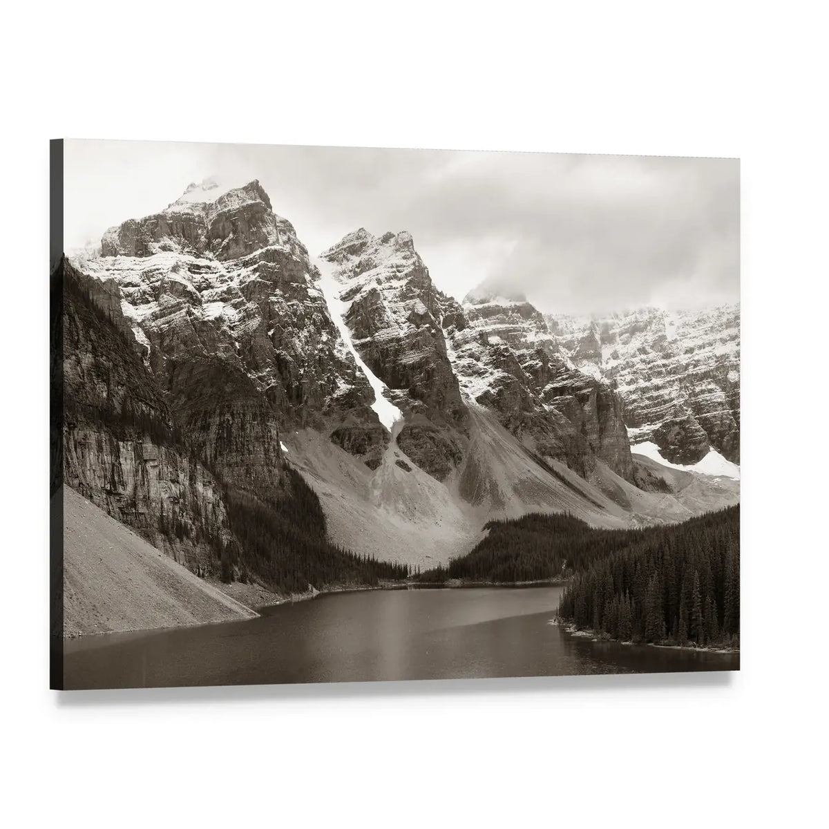 Moraine Lake with Snow-capped Peaks Canvas Wall Art, single panel gallery wrapped canvas, angled product view