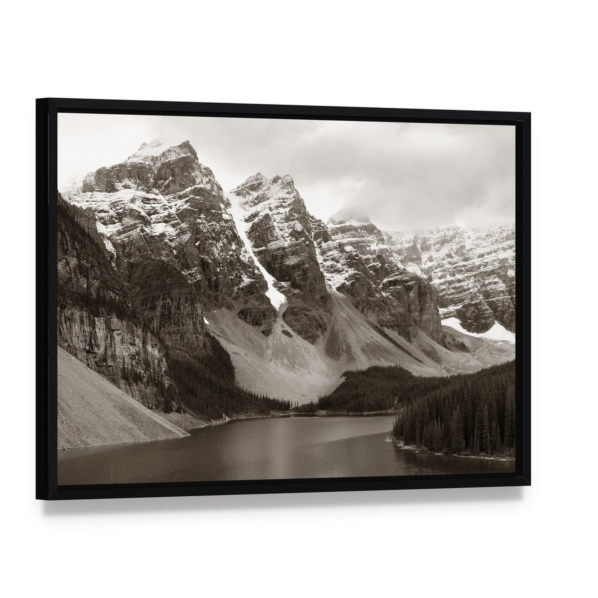 Moraine Lake Winter Landscape Canvas Wall Art, framed canvas in a black floater frame, angled product view
