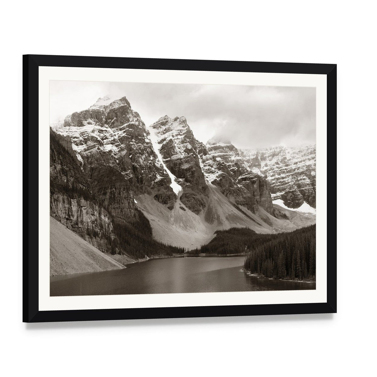 Moraine Lake Winter Landscape Canvas Wall Art, framed print with white mat and black frame, angled product view