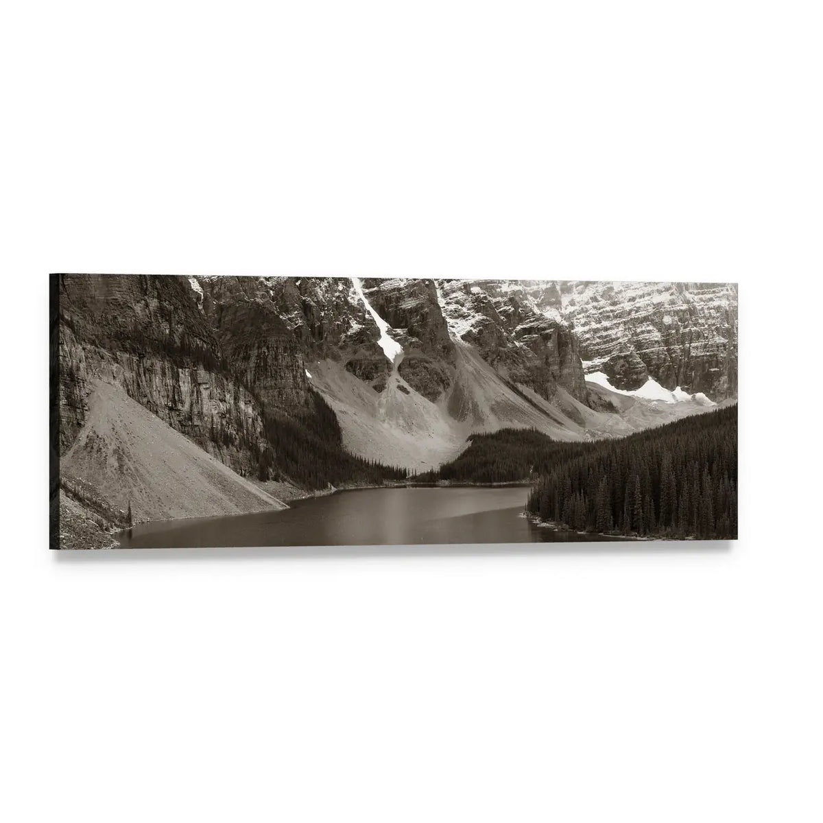 Moraine Lake Landscape Panoramic Canvas Wall Art, single panel gallery wrapped canvas, angled product view