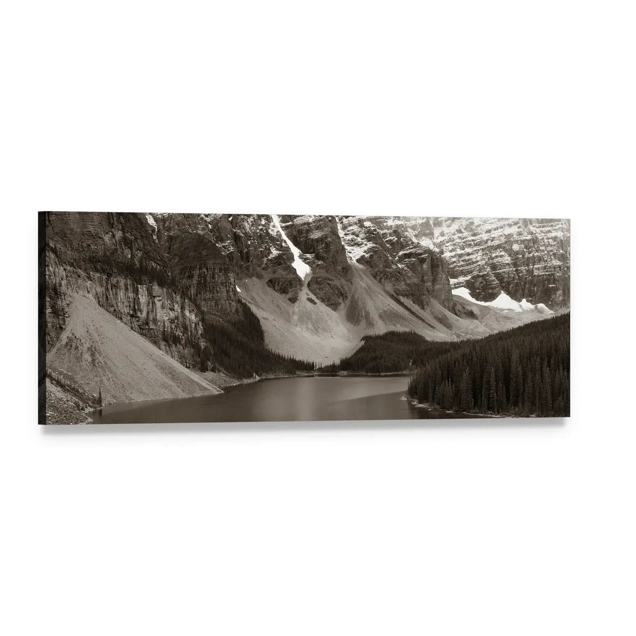 Moraine Lake Landscape Panoramic Canvas Wall Art, single panel gallery wrapped canvas, angled product view