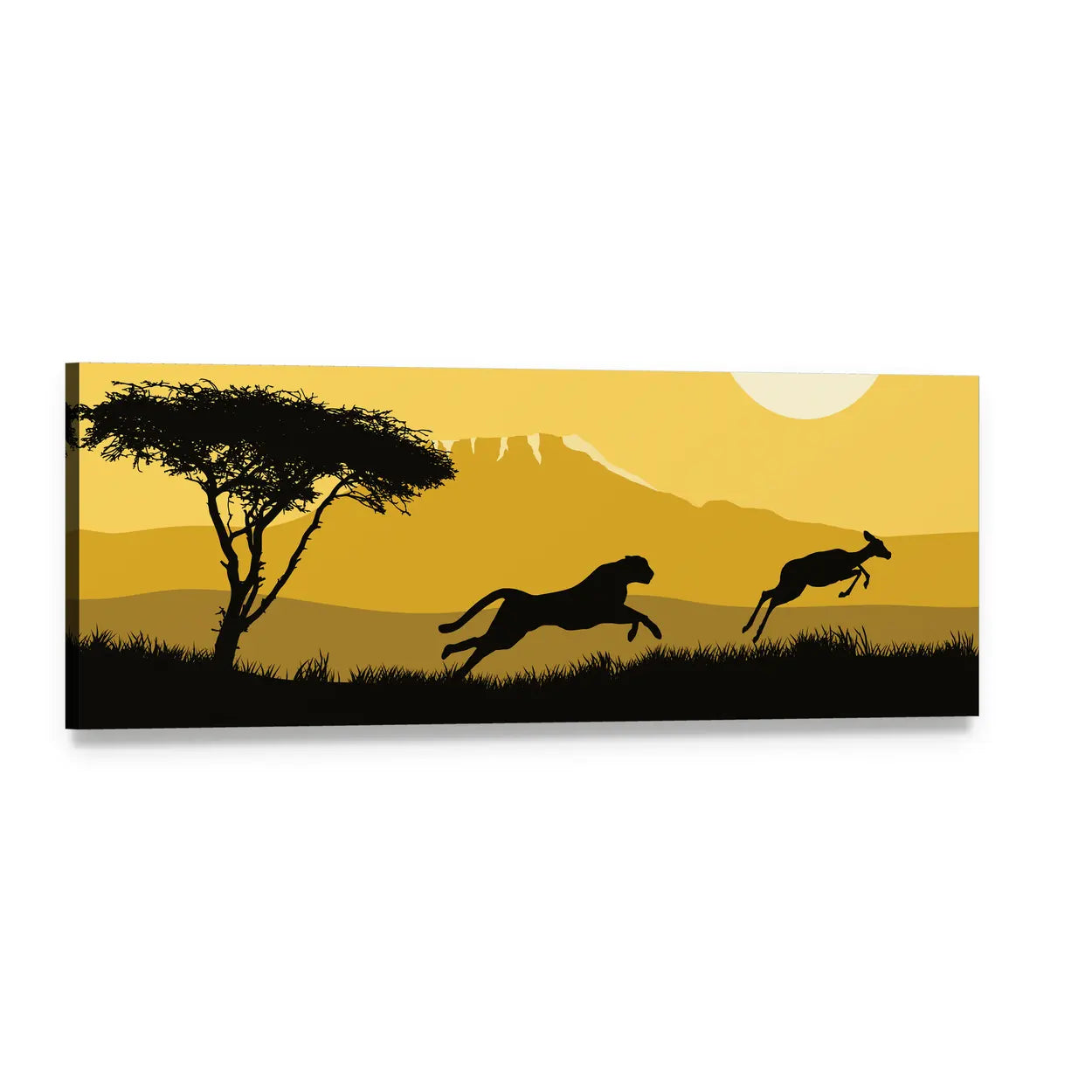 Cheetah Chasing Gazelle Silhouette Panoramic Canvas Wall Art, single panel gallery wrapped canvas, angled product view