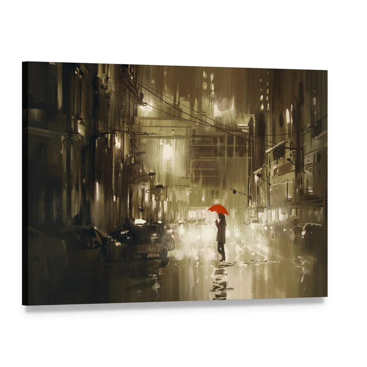 Woman with Red Umbrella on Rainy City Street Canvas Wall Art, single panel gallery wrapped canvas, angled product view