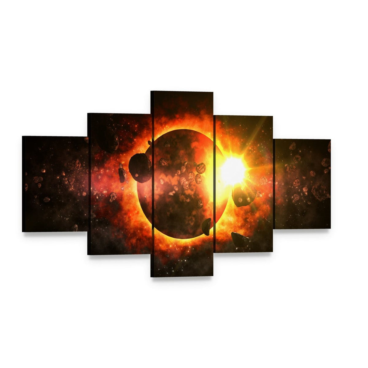 Asteroids Over Dead Planet Canvas Wall Art, 5 panel 5 Star layout gallery wrapped canvas set, angled product view