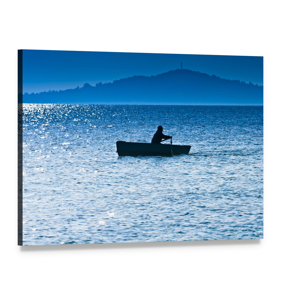 Fisherman Silhouette on Lake Canvas Wall Art, single panel gallery wrapped canvas, angled product view