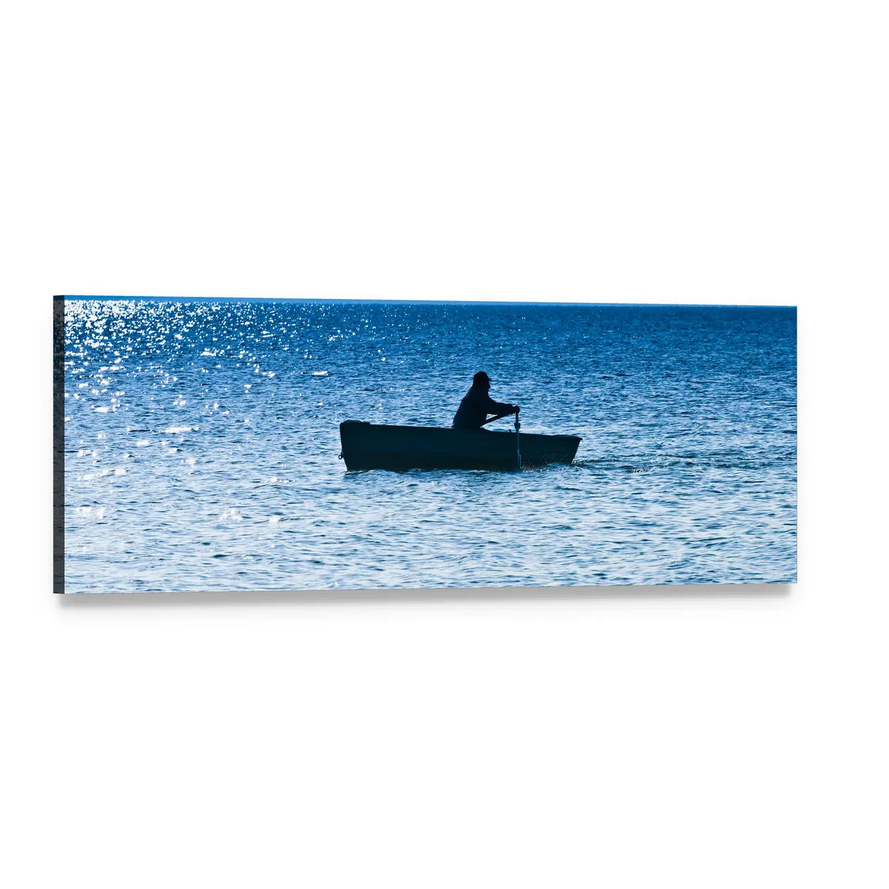 Fisherman Silhouette on Calm Sea Panoramic Canvas Wall Art, single panel gallery wrapped canvas, angled product view