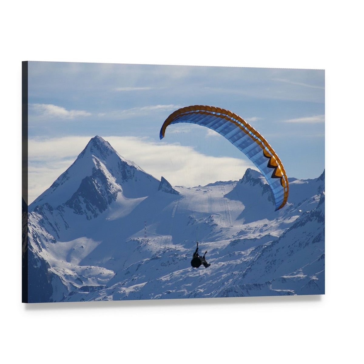 Paragliding Over Snowy Mountains Canvas Wall Art, single panel gallery wrapped canvas, angled product view