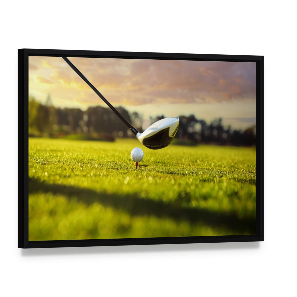 Golf Ball on Tee in Front of Driver Canvas Wall Art, framed canvas in a black floater frame, angled product view