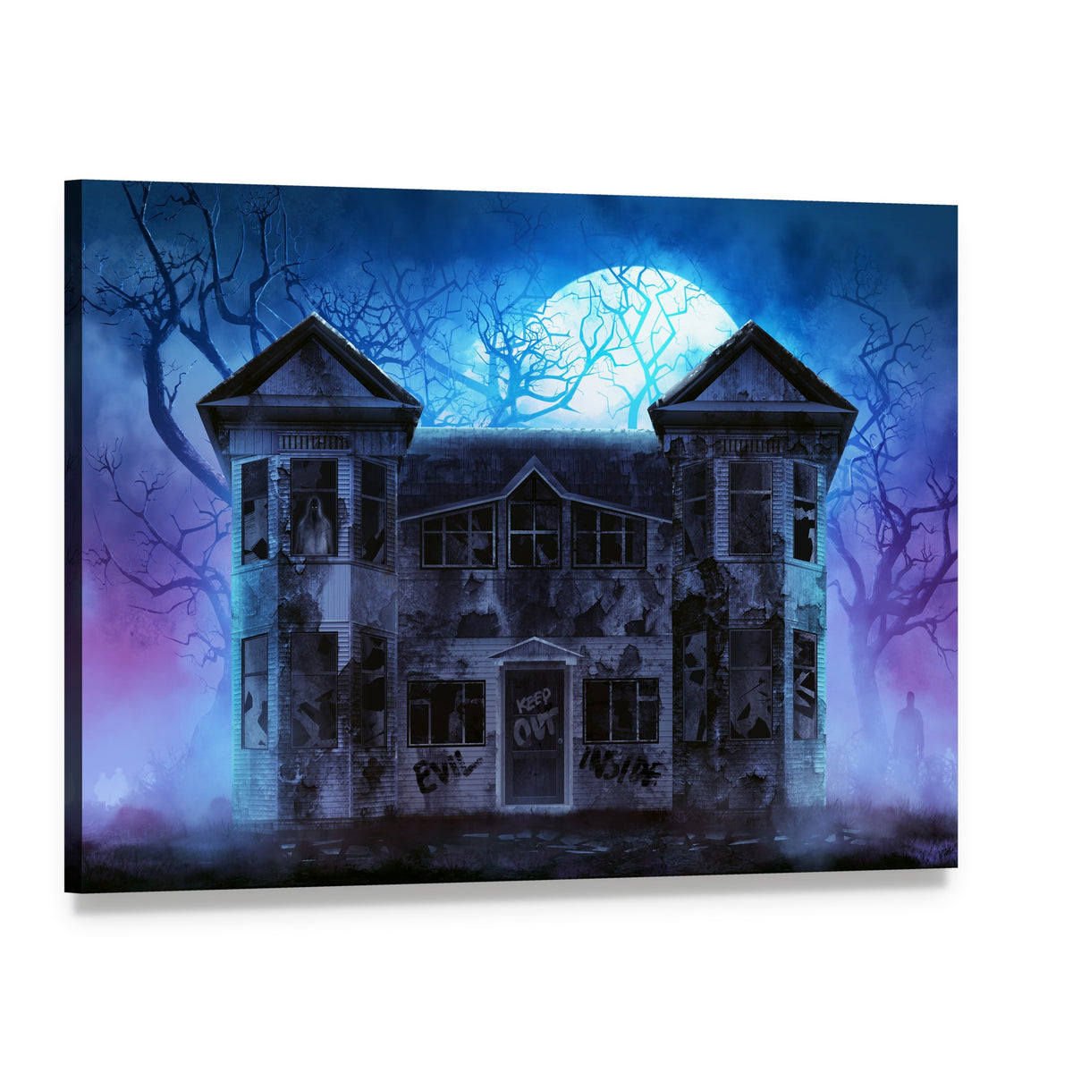 Eerie Haunted House with Graffiti Canvas Wall Art, single panel gallery wrapped canvas, angled product view