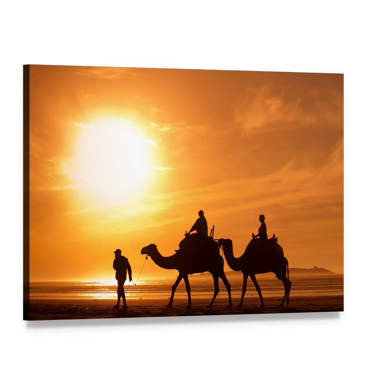 Camel Silhouettes at Sunset Canvas Wall Art, single panel gallery wrapped canvas, angled product view