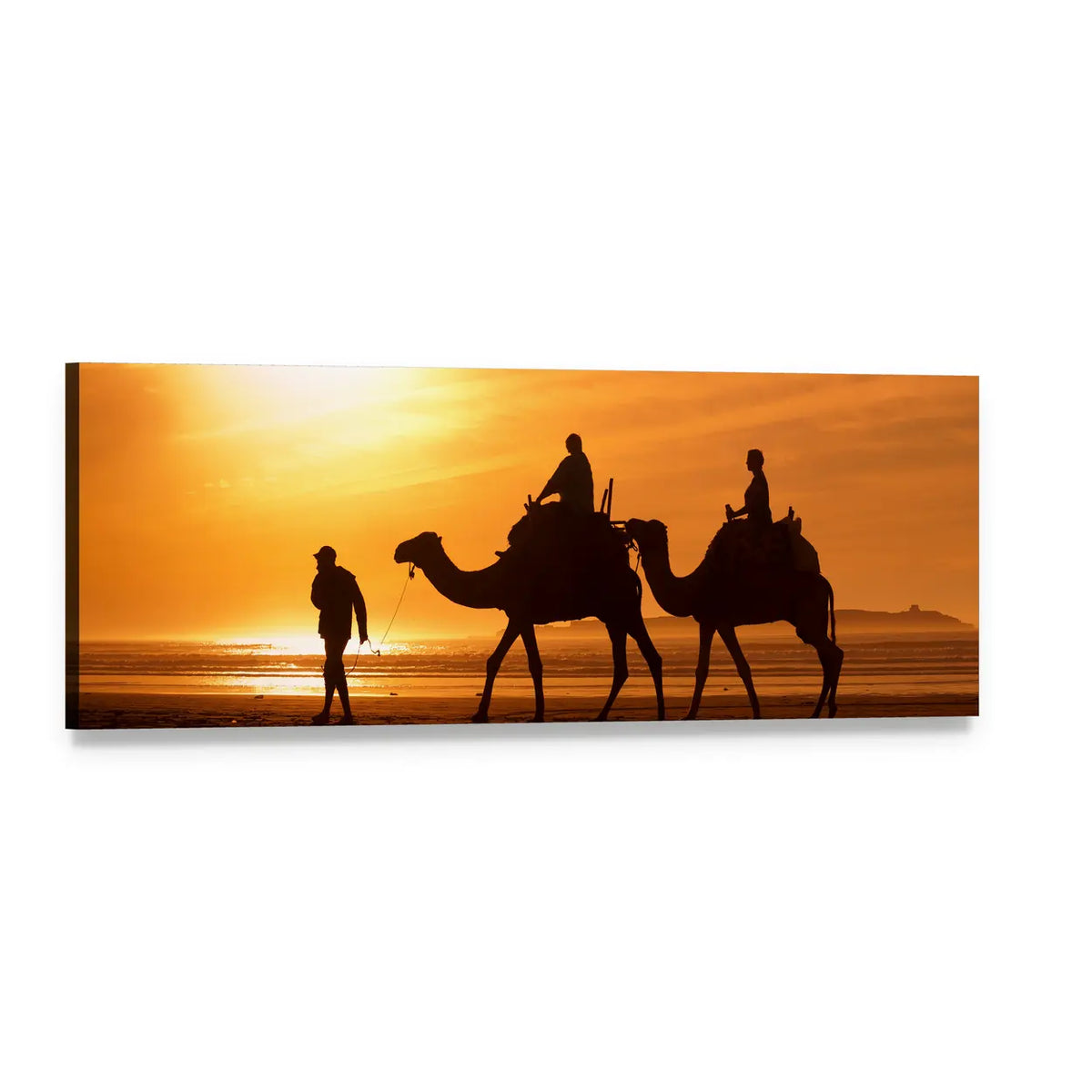 Camel Silhouettes on Beach at Sunset Panoramic Canvas Wall Art, single panel gallery wrapped canvas, angled product view