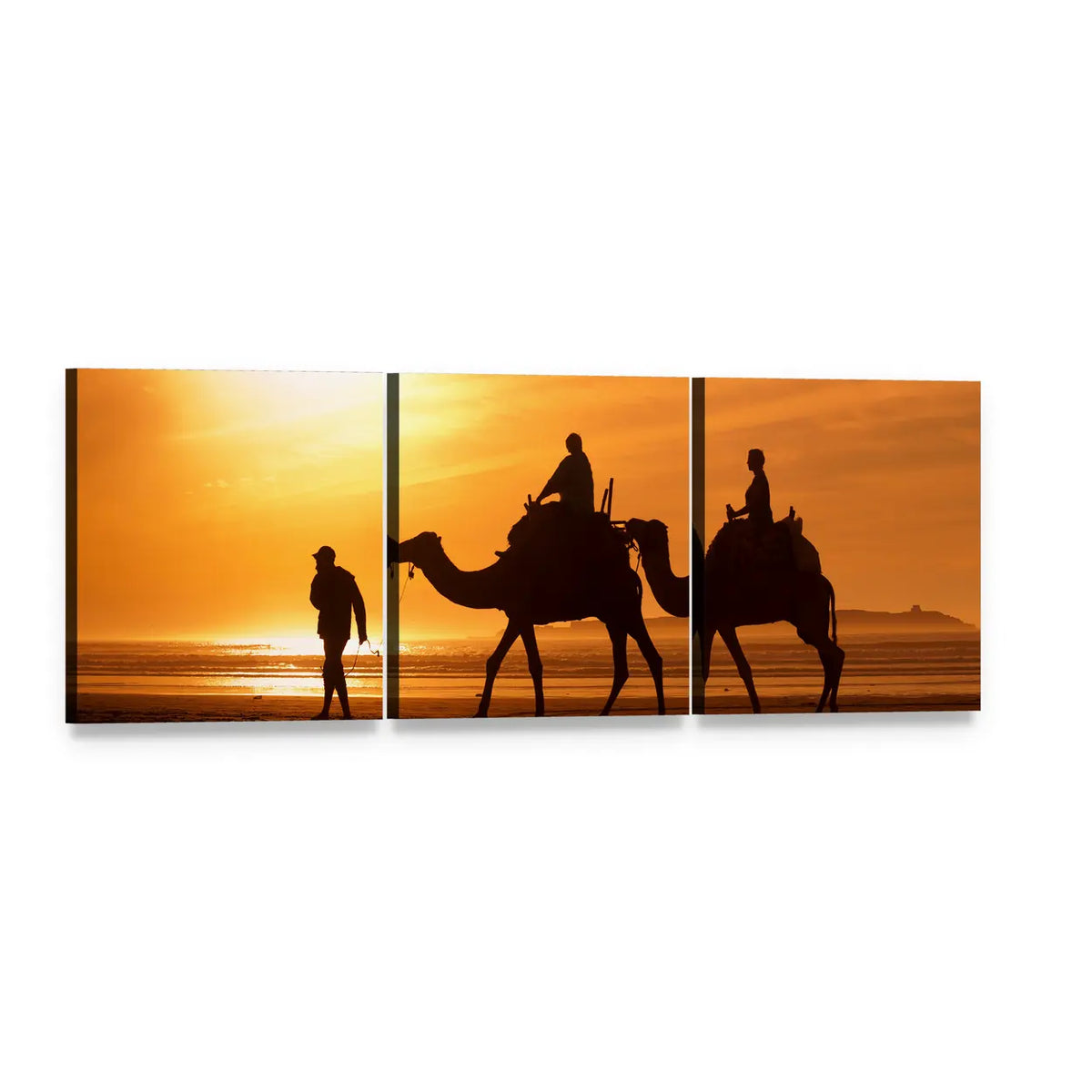 Camel Silhouettes on Beach at Sunset Panoramic Canvas Wall Art, 3 panel 3 Piece layout gallery wrapped canvas set, angled product view