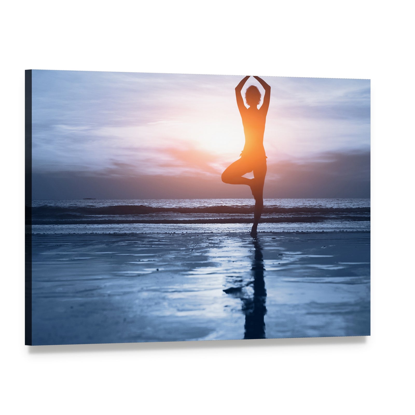 Woman Practicing Yoga at the Beach Canvas Wall Art, single panel gallery wrapped canvas, angled product view