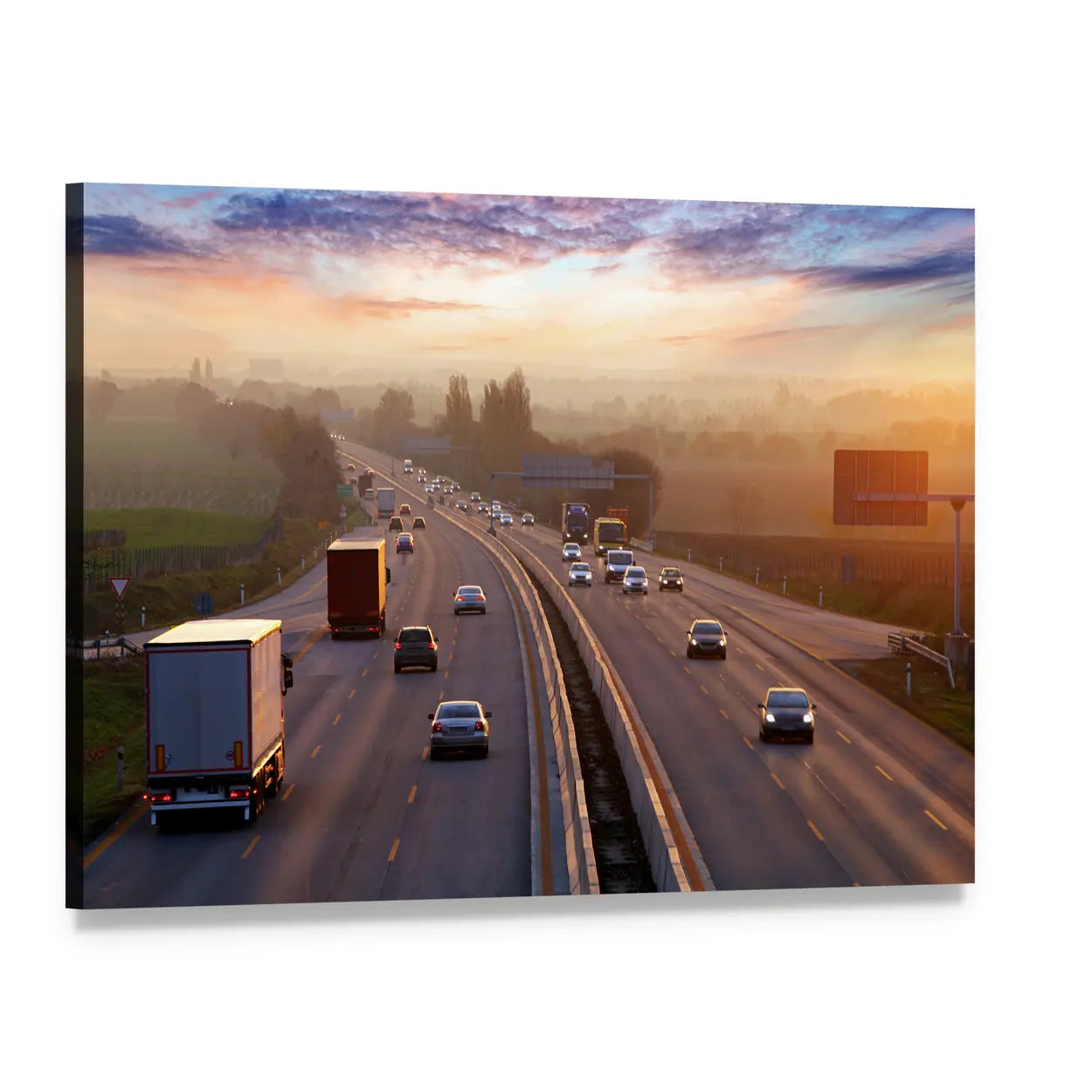 Highway Traffic at Sunset Canvas Wall Art, single panel gallery wrapped canvas, angled product view