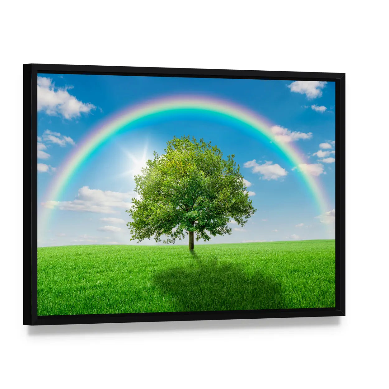 Old Oak Tree on Green Meadow Canvas Wall Art, framed canvas in a black floater frame, angled product view