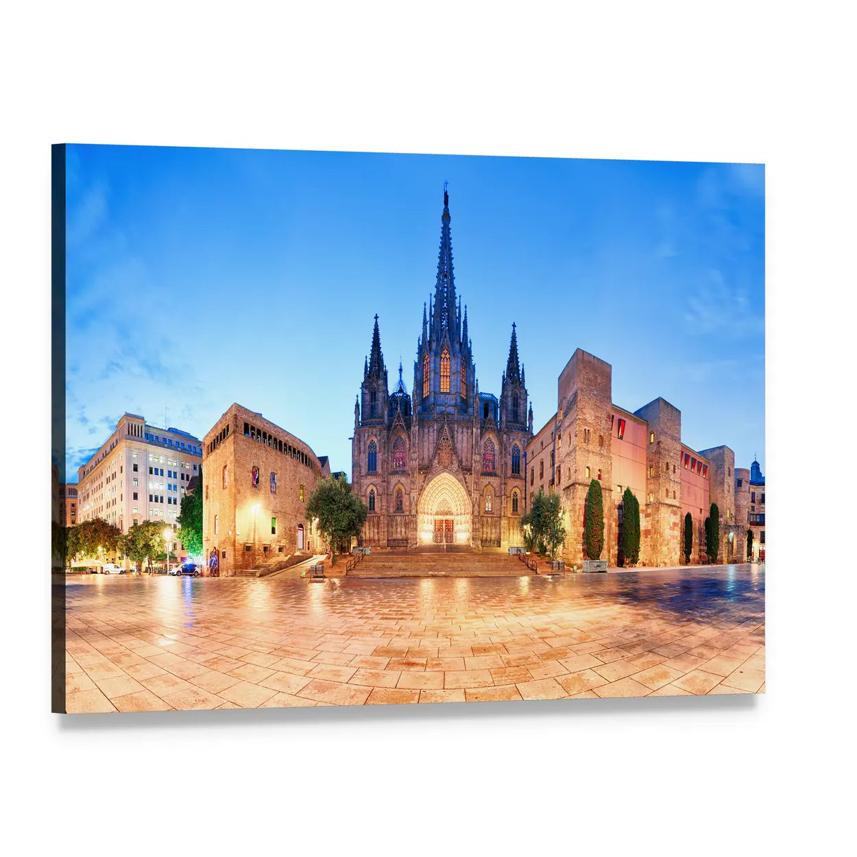 Illuminated Gothic Cathedral at Dusk Canvas Wall Art, single panel gallery wrapped canvas, angled product view