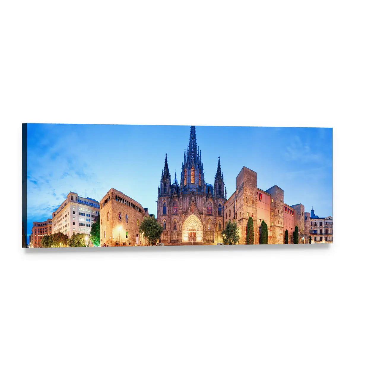 Barcelona Cathedral at Dusk Panoramic Canvas Wall Art, single panel gallery wrapped canvas, angled product view