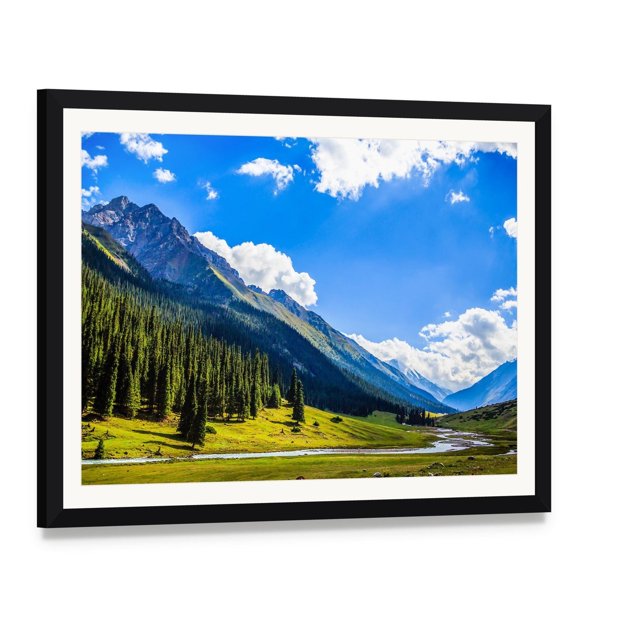 Mountain Summit Landscape Canvas Wall Art, framed print with white mat and black frame, angled product view