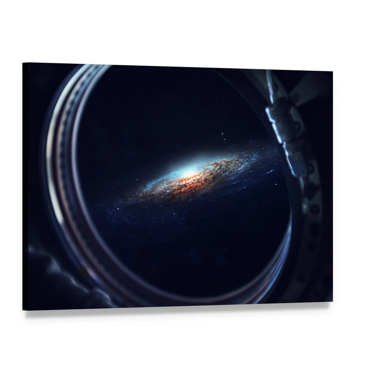 Spiral Galaxy Through Spacecraft Porthole Canvas Wall Art, single panel gallery wrapped canvas, angled product view