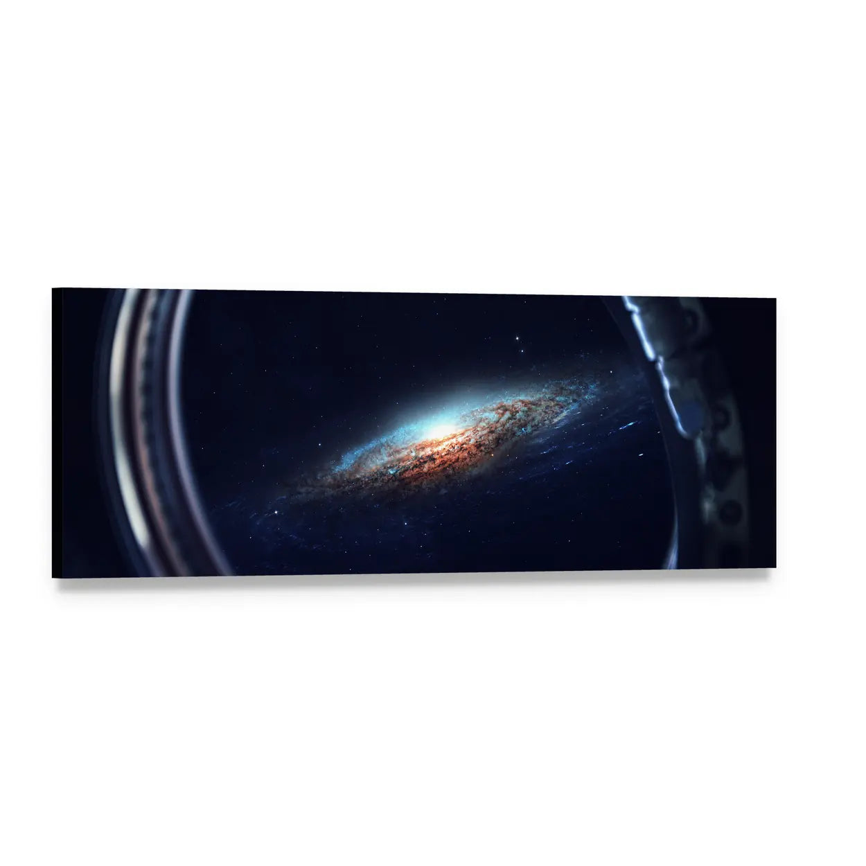 Spaceship Porthole View of Spiral Galaxy Panoramic Canvas Wall Art, single panel gallery wrapped canvas, angled product view