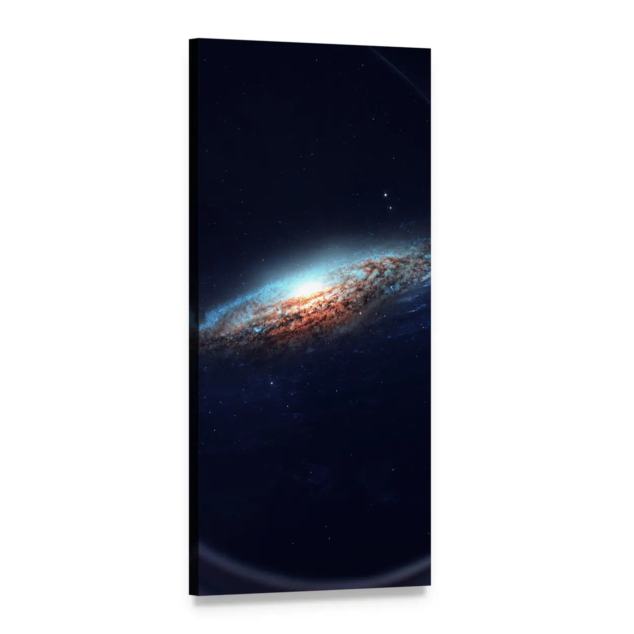 Tilted Spiral Galaxy with Glowing Core Vertical Canvas Wall Art, 1 panel 1 Vertical layout gallery wrapped canvas set, angled product view