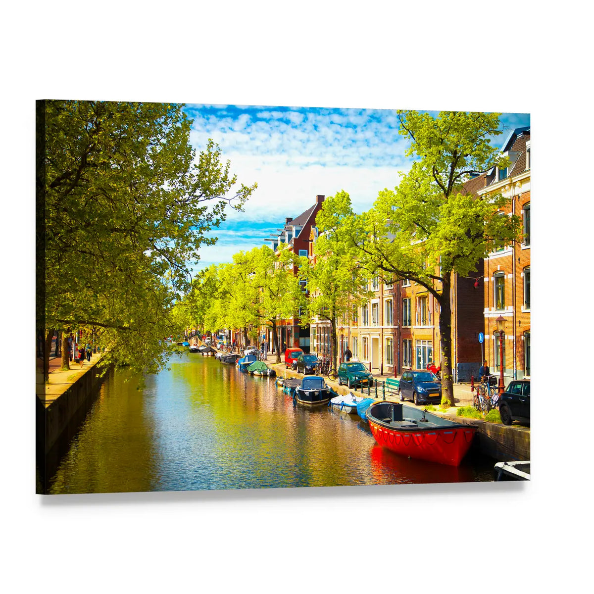 Red Boat on Canal with Row Houses Canvas Wall Art, single panel gallery wrapped canvas, angled product view