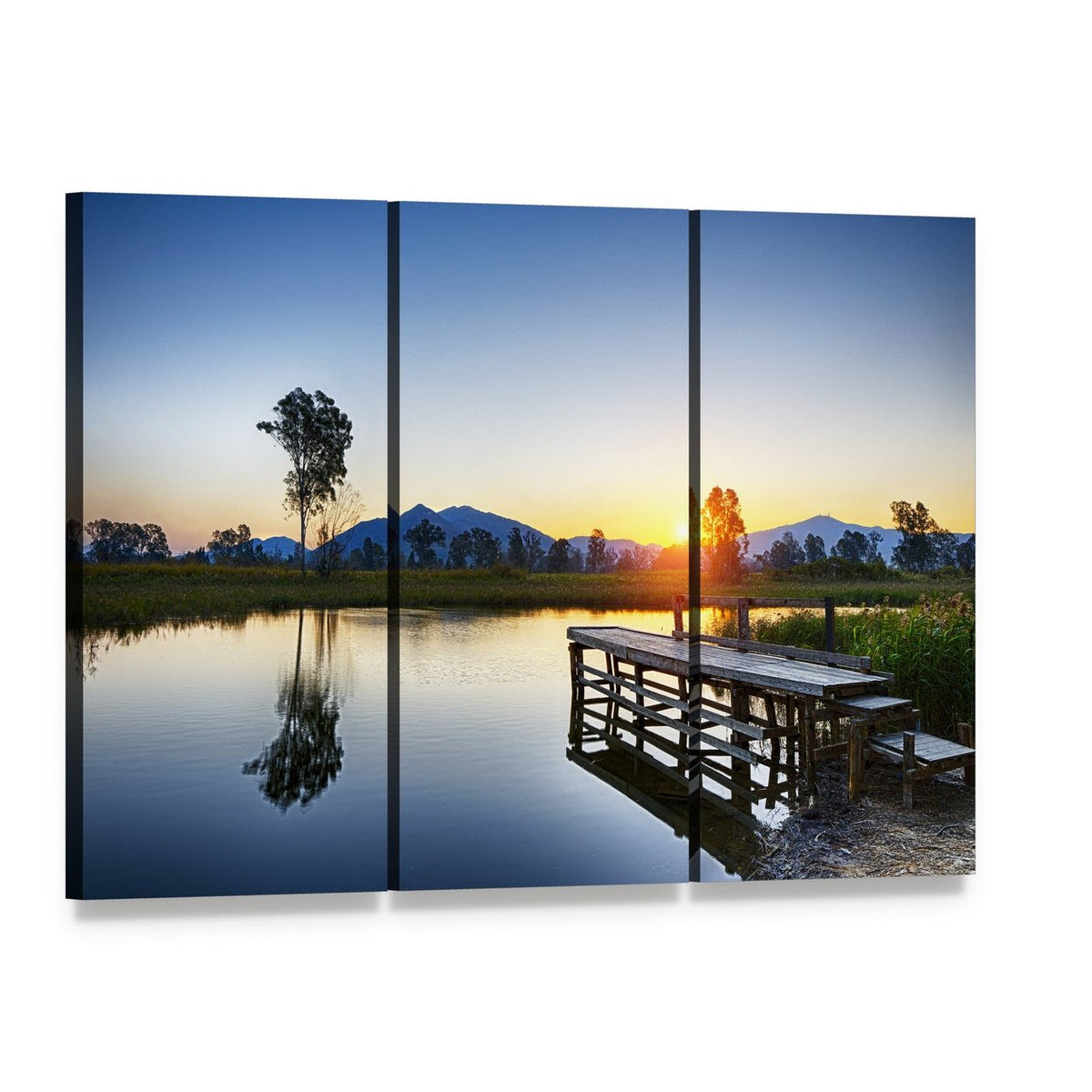Sunrise Over Fishing Jetty Canvas Wall Art, 3 panel 3 Horizontal layout gallery wrapped canvas set, angled product view