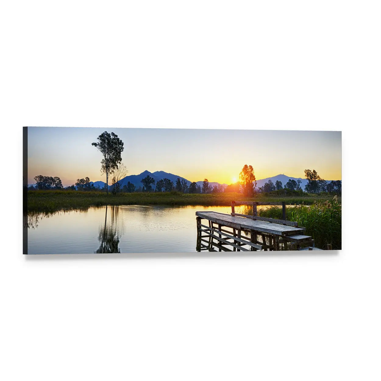Sunrise Over Fishing Jetty Panoramic Canvas Wall Art, single panel gallery wrapped canvas, angled product view