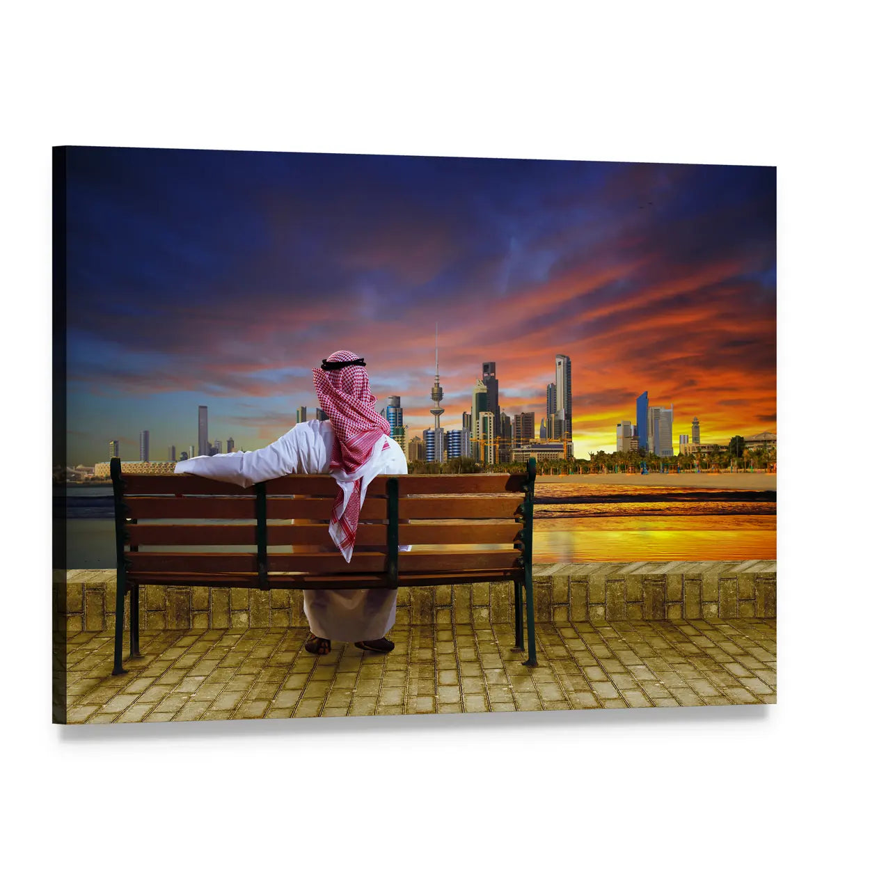 Man in Ghutra Gazing at Kuwait Towers Canvas Wall Art, single panel gallery wrapped canvas, angled product view