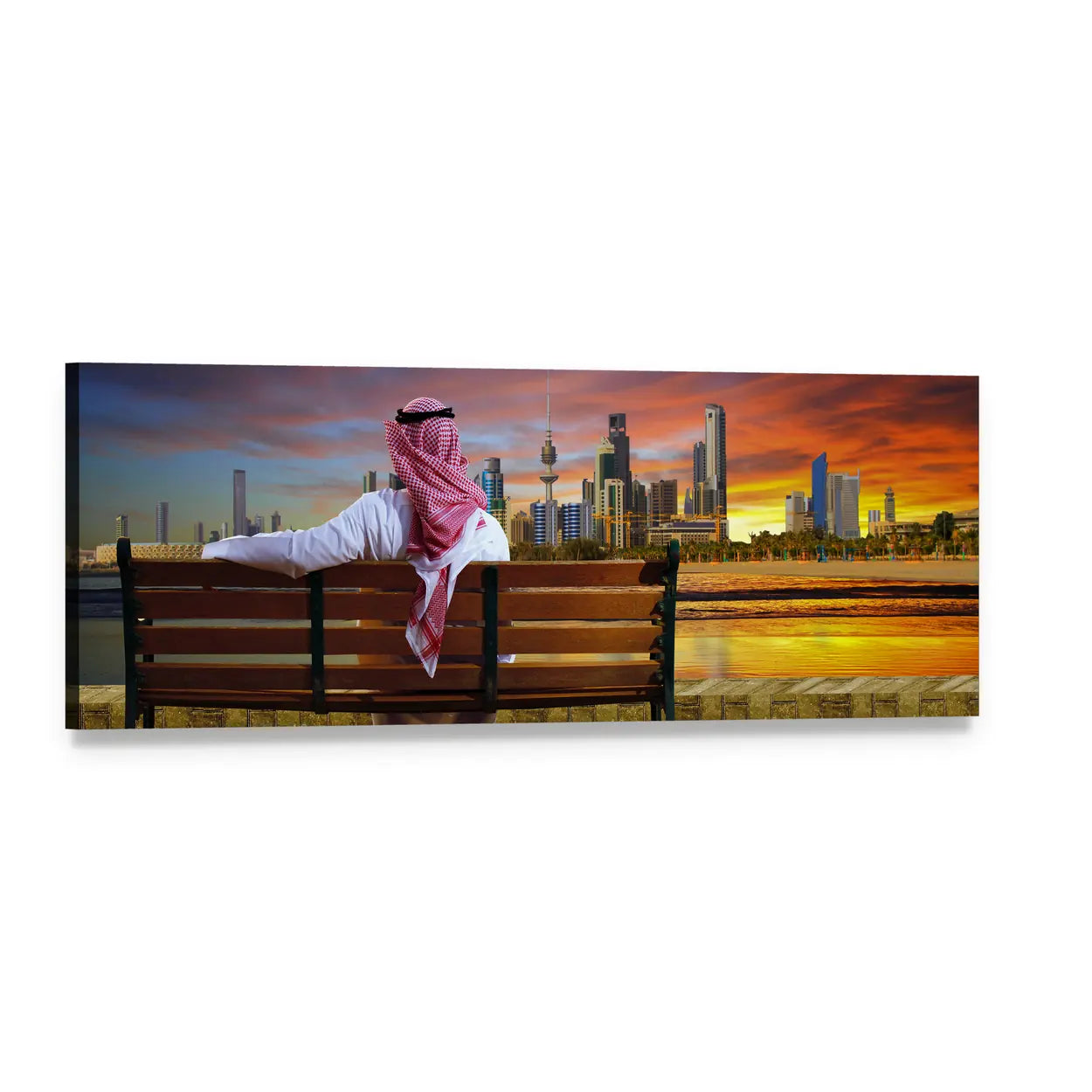 Man with Red Ghutra Gazing at Sunset Skyline Panoramic Canvas Wall Art, single panel gallery wrapped canvas, angled product view
