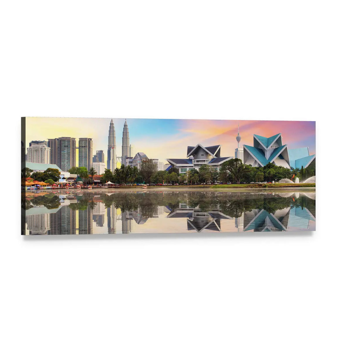Malaysia Skyline with Petronas Twin Towers Panoramic Canvas Wall Art, single panel gallery wrapped canvas, angled product view