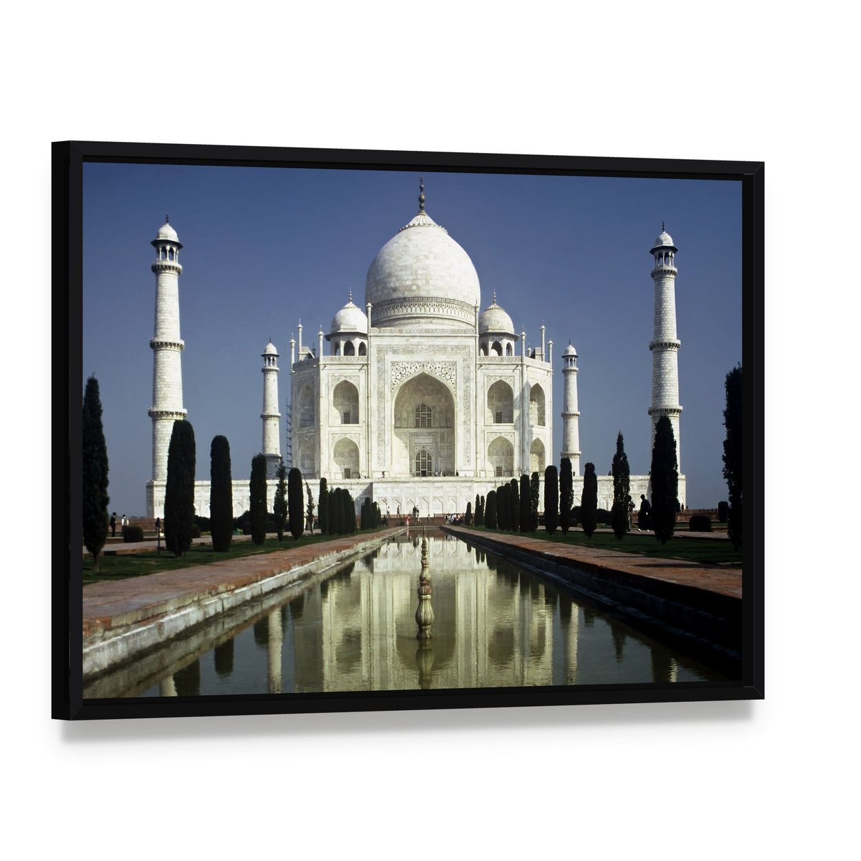 Taj Mahal in Morning Canvas Wall Art, framed canvas in a black floater frame, angled product view