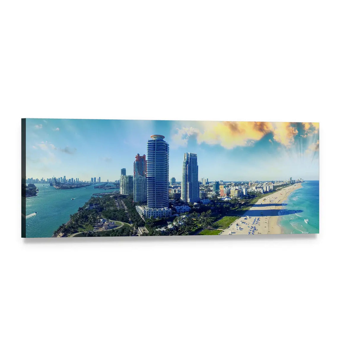Aerial View of Miami Beach Skyline Panoramic Canvas Wall Art, single panel gallery wrapped canvas, angled product view