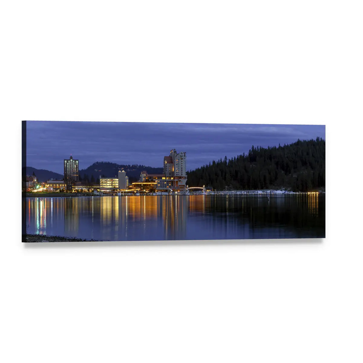 Downtown Coeur D'alene Night Skyline Panoramic Canvas Wall Art, single panel gallery wrapped canvas, angled product view