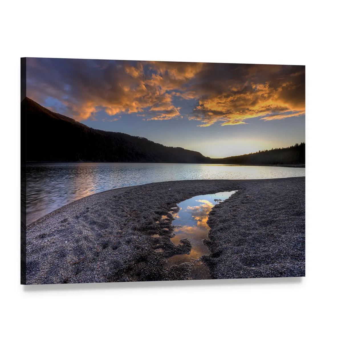 Pend Oreille Lake Sunset Reflection Canvas Wall Art, single panel gallery wrapped canvas, angled product view