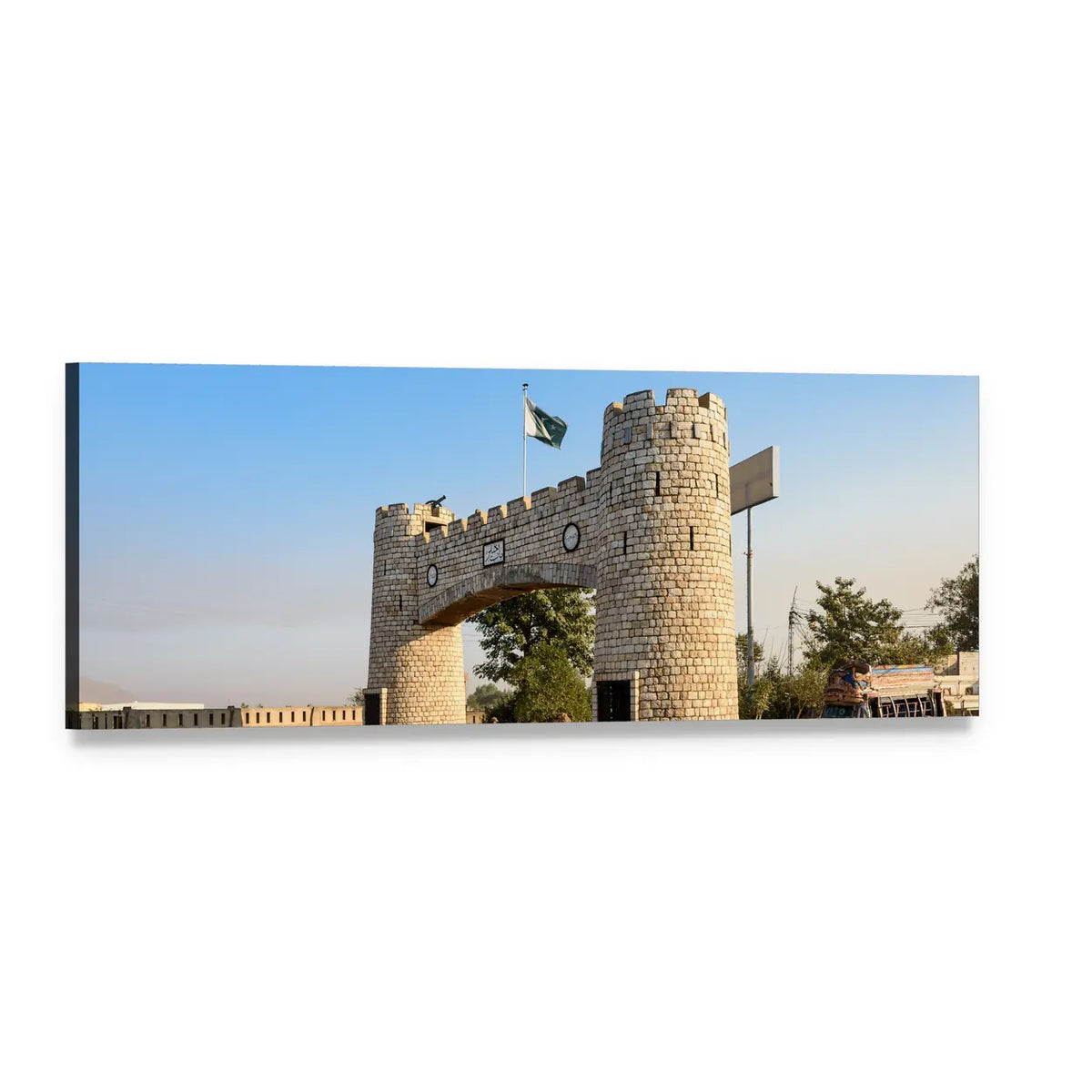 Bab-e-khyber Stone Gate with Pakistani Flag Panoramic Canvas Wall Art, single panel gallery wrapped canvas, angled product view