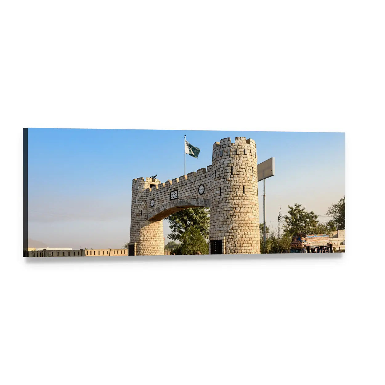 Bab-e-khyber Stone Gate with Pakistani Flag Panoramic Canvas Wall Art, single panel gallery wrapped canvas, angled product view
