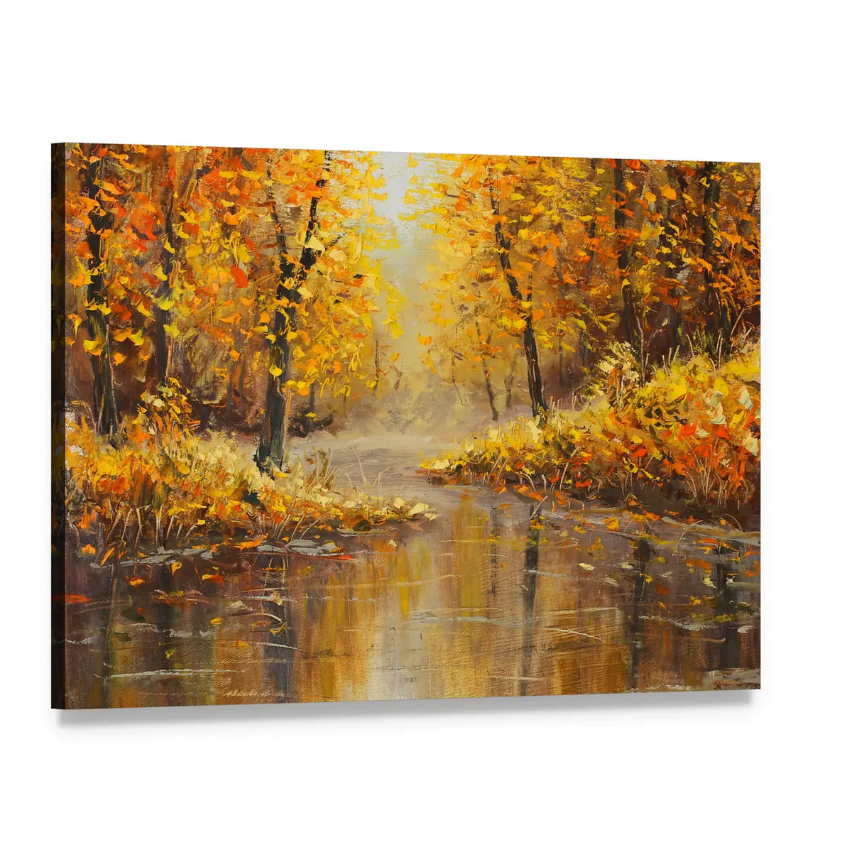 Golden Autumn Along a River Canvas Wall Art, single panel gallery wrapped canvas, angled product view