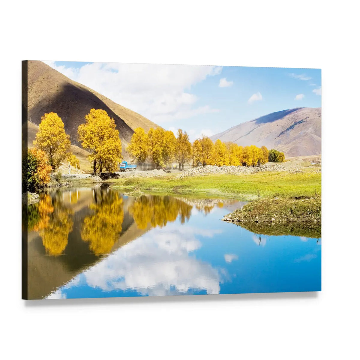 Autumn Mountain Lake with Golden Trees Canvas Wall Art, single panel gallery wrapped canvas, angled product view