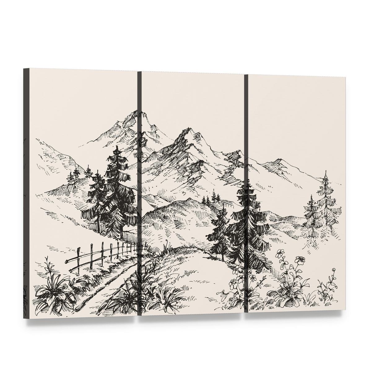 Hand-drawn Mountain Path with Pines Canvas Wall Art, 3 panel 3 Horizontal layout gallery wrapped canvas set, angled product view
