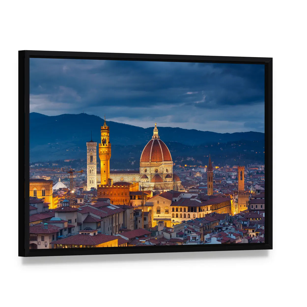 Duomo of Florence at Twilight Canvas Wall Art, framed canvas in a black floater frame, angled product view