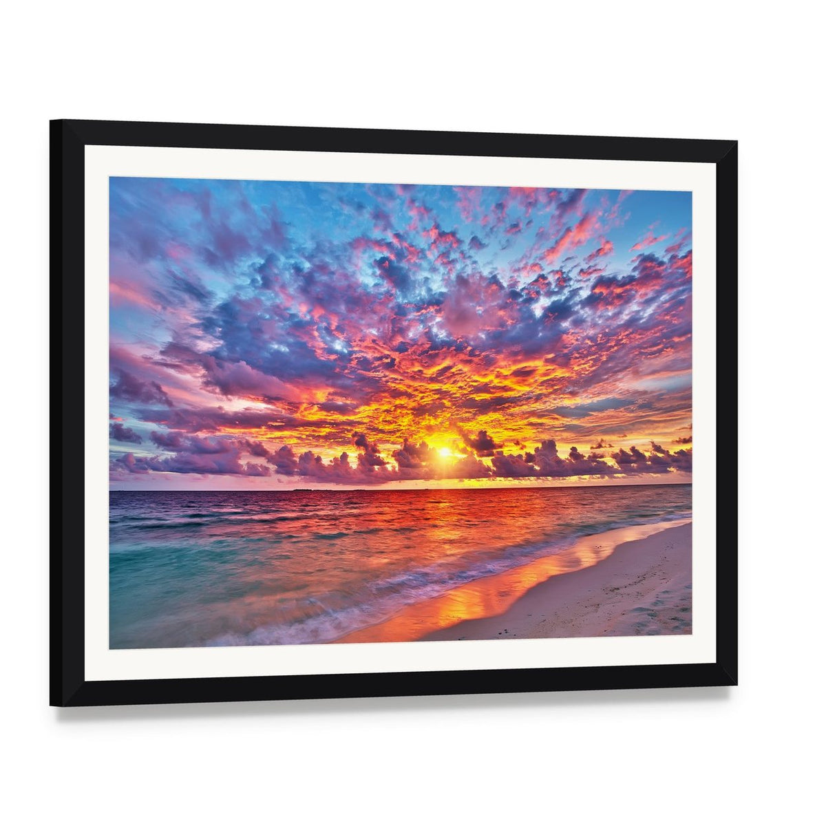 Colorful Sunset Over the Ocean Canvas Wall Art, framed print with white mat and black frame, angled product view