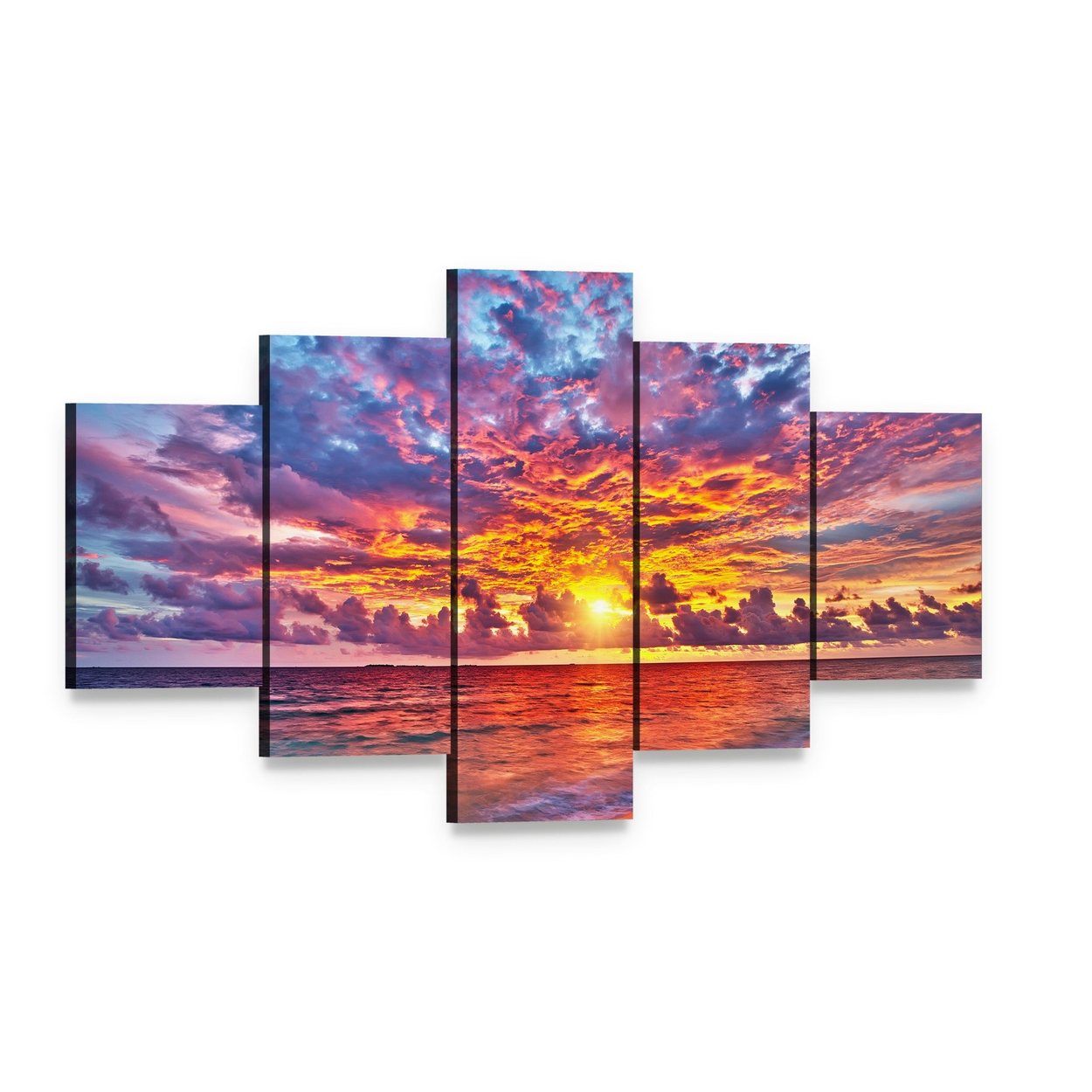 Colorful Sunset Over the Ocean Canvas Wall Art, 5 panel 5 Star layout gallery wrapped canvas set, angled product view